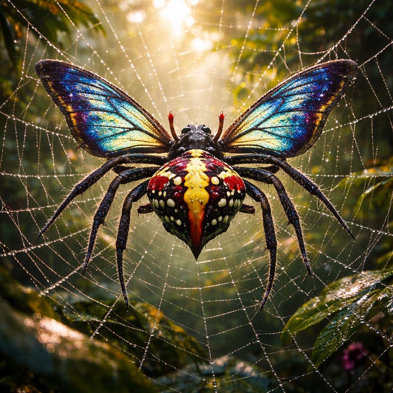 Colorful spiny orb-weaver spider centered on a dew-flecked web.