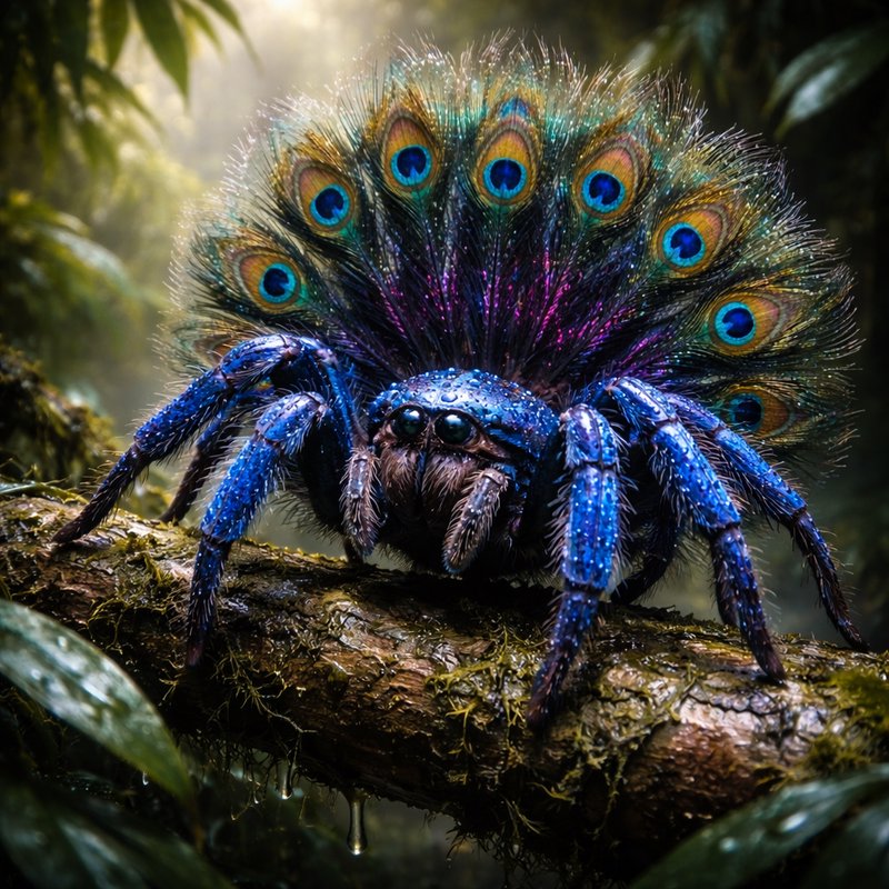 Blue peacock spider with a vibrant rainbow-like fan display on a mossy branch