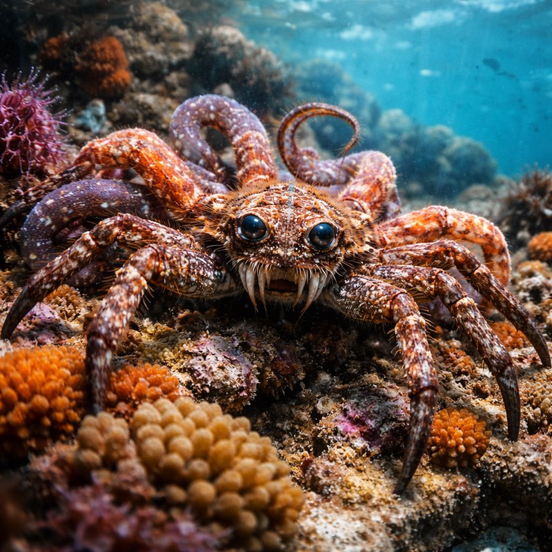 Close-up of a colorful underwater crab with large blue eyes on a coral reef