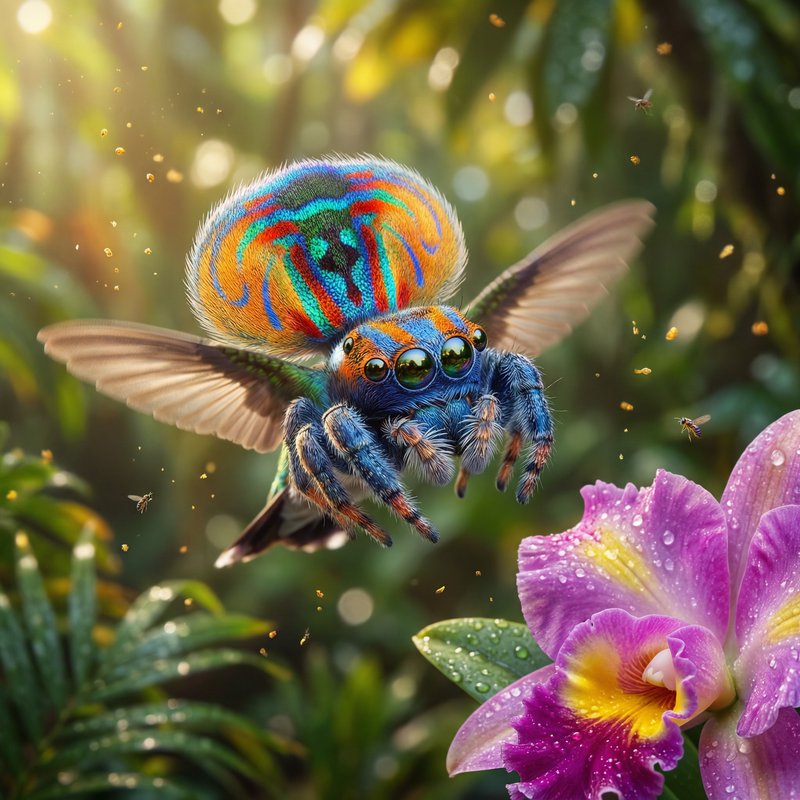 Rainbow-patterned peacock jumping spider hovering near a purple orchid in garden light.