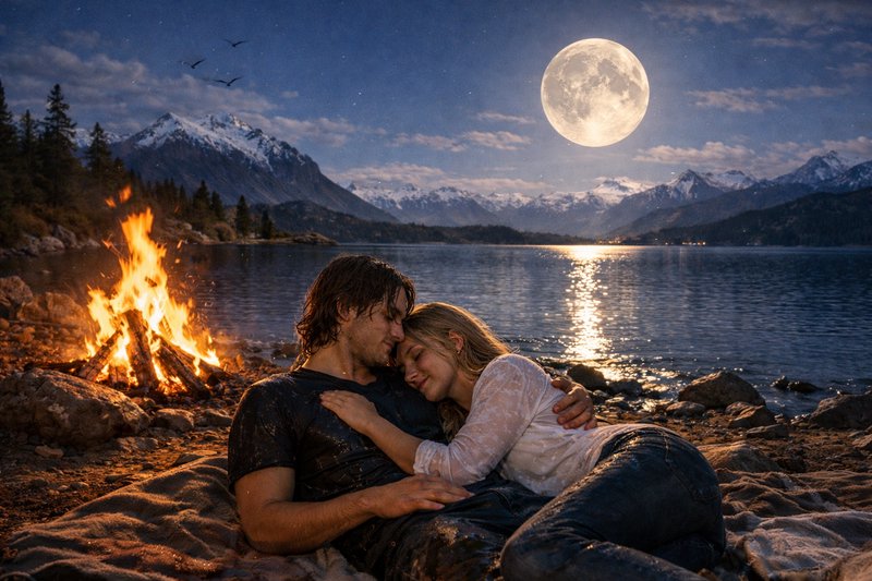 Couple cuddling on a blanket by a campfire on a lake shore under a full moon.