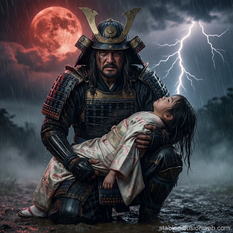 Samurai in dark armor kneels in rain, cradling a child under a stormy sky with a red moon.