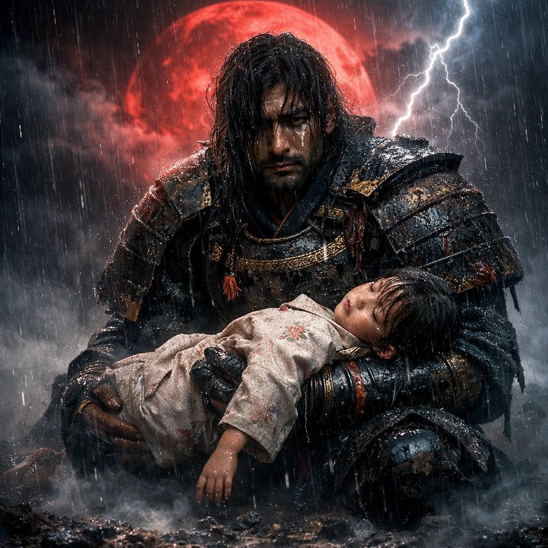 Armored warrior holding a child in the rain with a red moon and lightning behind