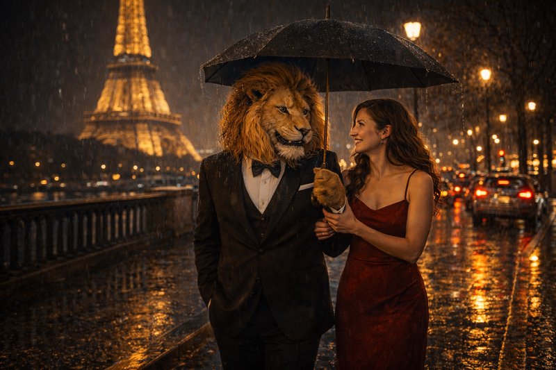 Lion-headed man in a suit walks with a woman under an umbrella in rainy Paris near the Eiffel Tower.