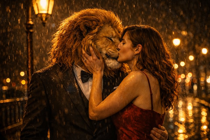 Romantic couple kissing in the rain; man wears a lion head mask and tuxedo, woman in a red dress under streetlights.