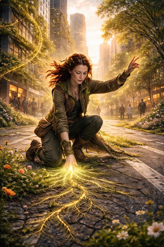 Woman in rugged clothes kneels on a cracked city street, glowing golden energy roots radiating from her hand.