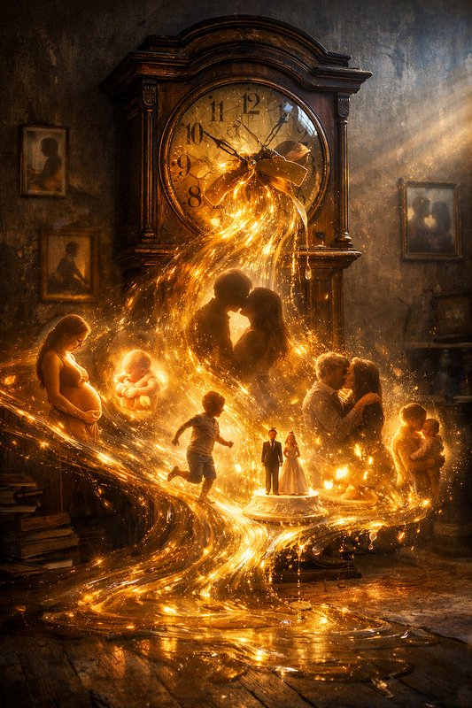 Surreal clock room scene with flowing golden light around a family and cake.
