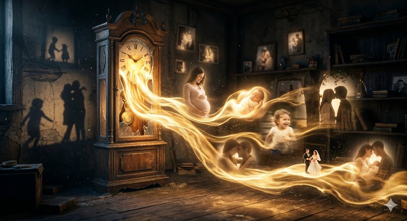 Dreamlike maternity scene with a glowing golden light weaving through a vintage room and a pregnant woman.