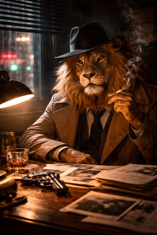 Anthropomorphic lion detective in a trench coat and fedora smoking at a noir desk
