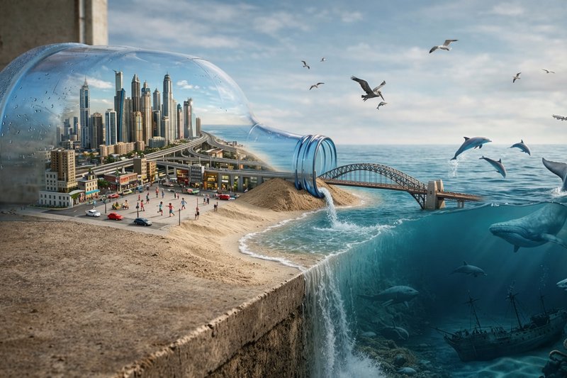 Glass bottle on a beach releasing a miniature city into the ocean with a bridge and sea life.