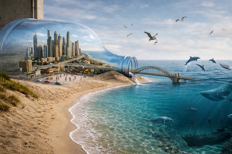 City skyline inside a glass bottle spilling onto a beach with sea and dolphins.