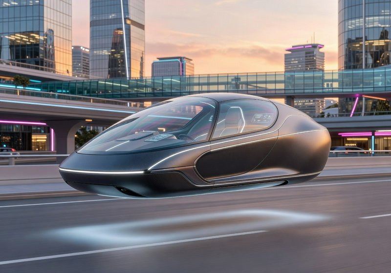Futuristic autonomous car gliding through a city street at dusk with glass skyscrapers in the background.