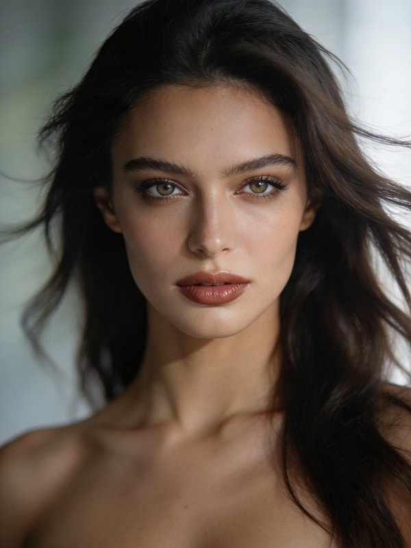 Close-up portrait of a young woman with dark brown hair, soft makeup, and glossy nude lips.