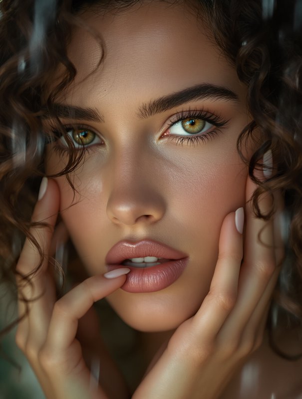 Close-up portrait of a woman with curly hair, hazel eyes, and glossy lips.