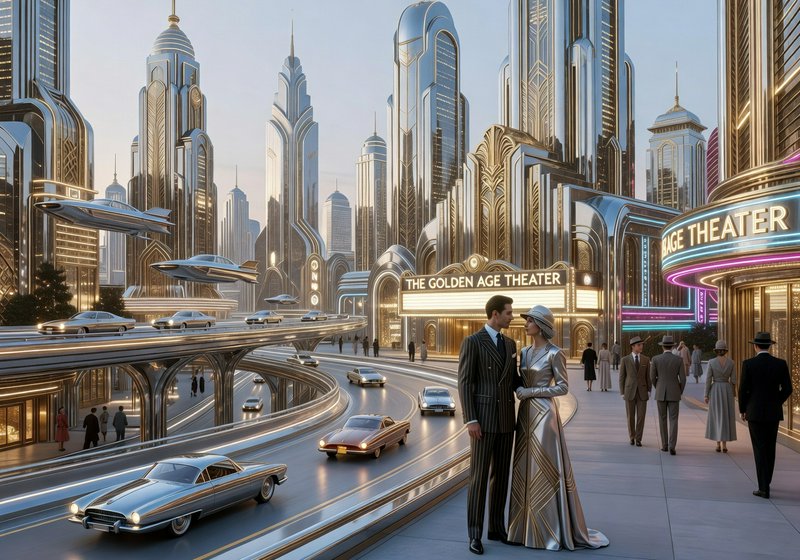 Futuristic cityscape with soaring glass skyscrapers, elevated highways, and a vintage-clad couple outside a theater.