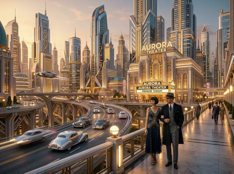 Futuristic cityscape with towering neon-lit skyscrapers, the Aurora Theater, and a vintage-dressed couple on a glowing