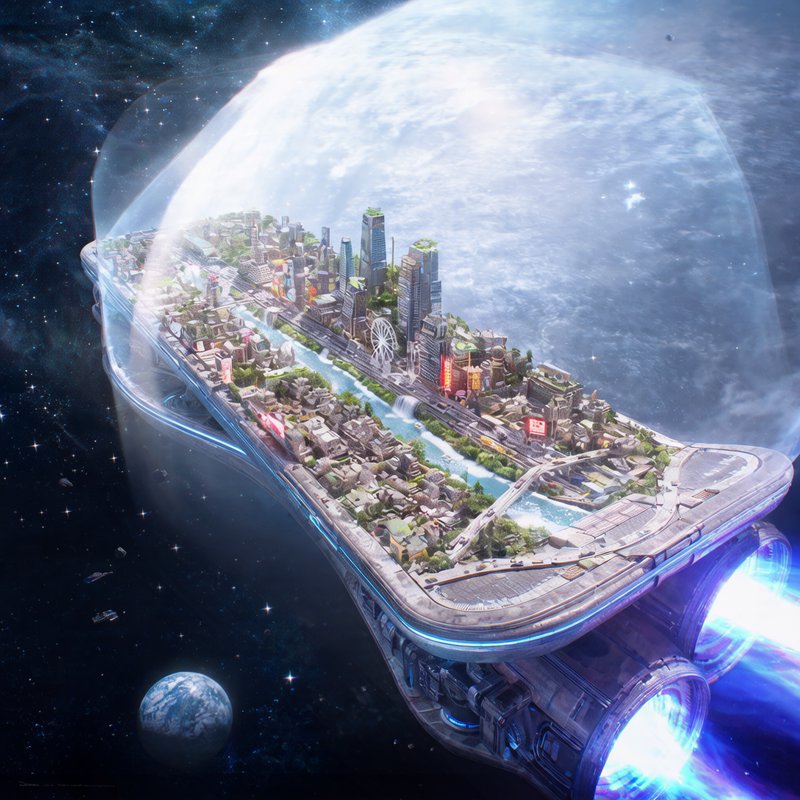 Futuristic city on a glass-domed space vessel with glowing thrusters in space.