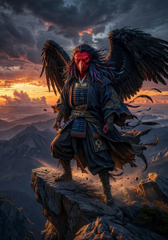 Winged oni warrior in blue armor stands on a cliff at sunset.