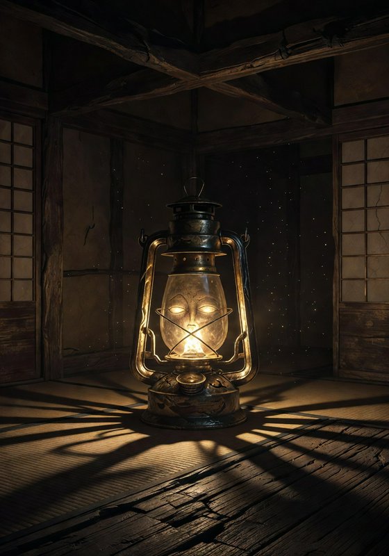 Antique lantern with a carved face glowing softly in a dim traditional Japanese room.
