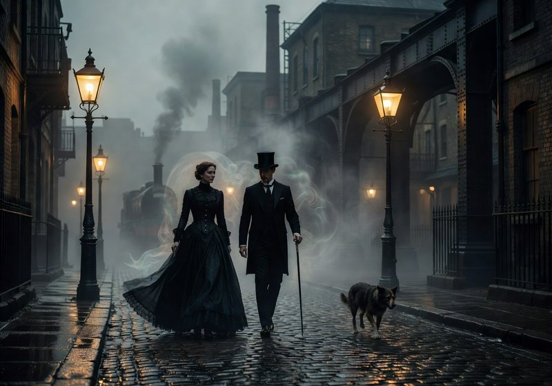 Victorian-era couple in formal black attire walking on a foggy cobblestone street with a dog at night.