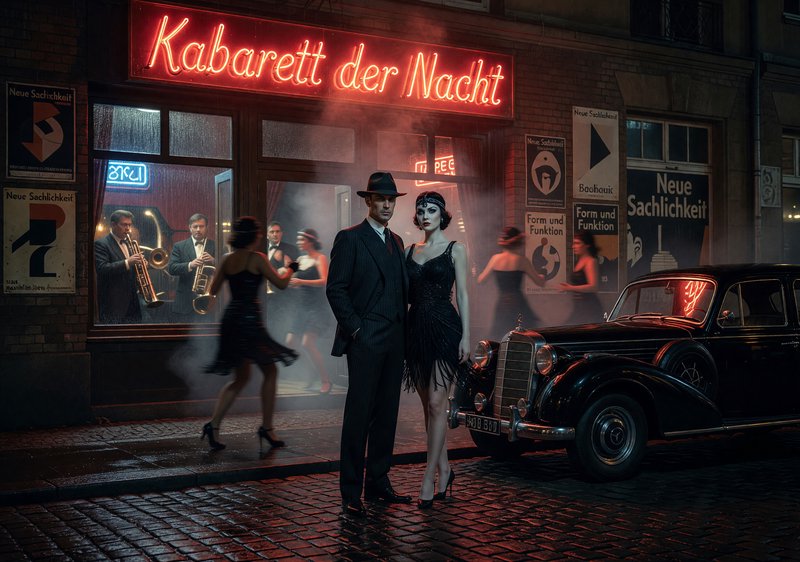 Couple in 1930s attire outside neon-lit cabaret "Kabarett der Nacht" with a vintage car and jazz band inside.