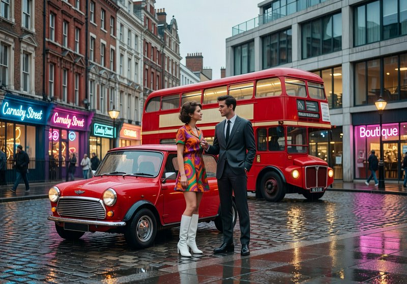 Stylish couple in vintage outfits beside a red classic car and a red double-decker bus on a rainy city street.