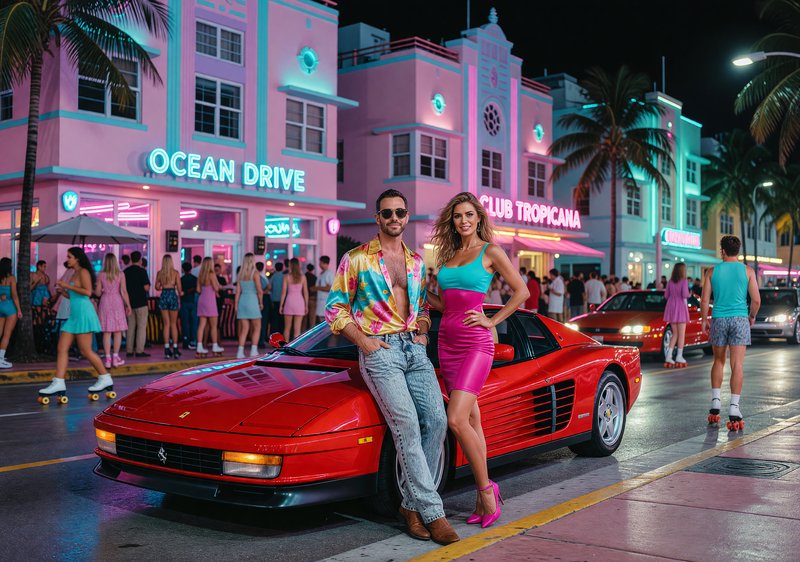 A stylish couple leaning against a red Ferrari on Ocean Drive Miami with neon pink and blue storefronts at night.