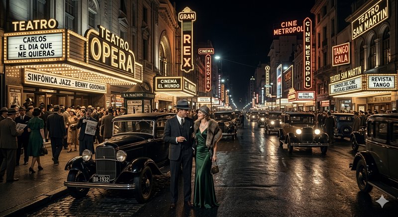 Vintage 1940s night street scene with a couple in formal wear beside a classic car amid neon theater signs.