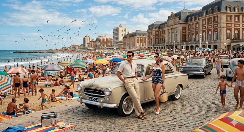 Vintage beige car on a busy cobblestone beach promenade with sunbathers and colorful umbrellas.