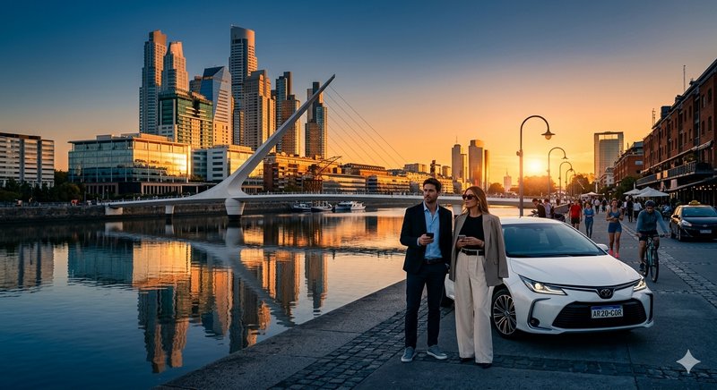 Stylish couple by a white electric car on a riverfront at sunset with a modern city skyline and bridge.