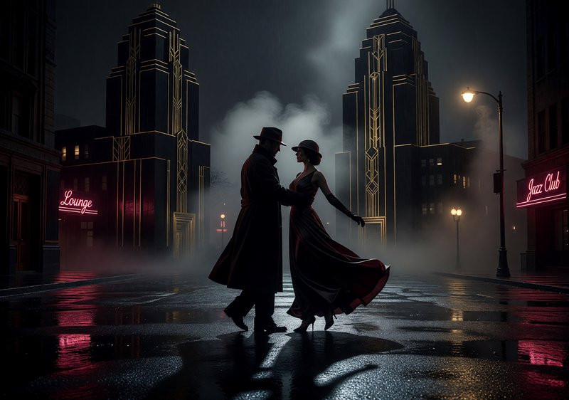 Silhouetted couple in vintage attire dancing on a rainy neon-lit city street at night.