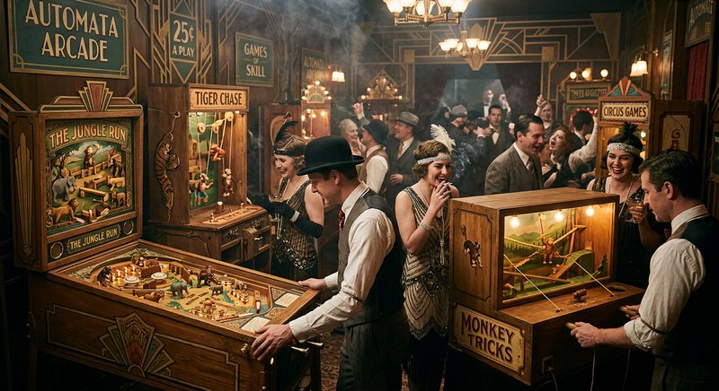 Vintage arcade hall with 1920s costumes, wooden coin-operated games and players enjoying retro machines.