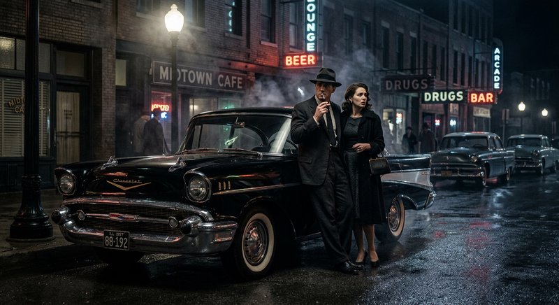 Vintage 1950s car on a rain-soaked city street at night with a suited man and woman.