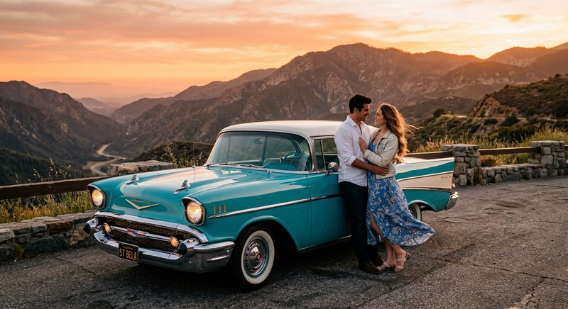 Romantic couple leaning on a vintage turquoise 1950s car at sunset with mountains in the background.