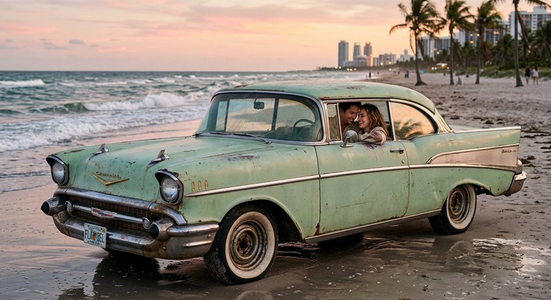 Vintage green Chevrolet Bel Air on a sandy beach at sunset with a couple inside.
