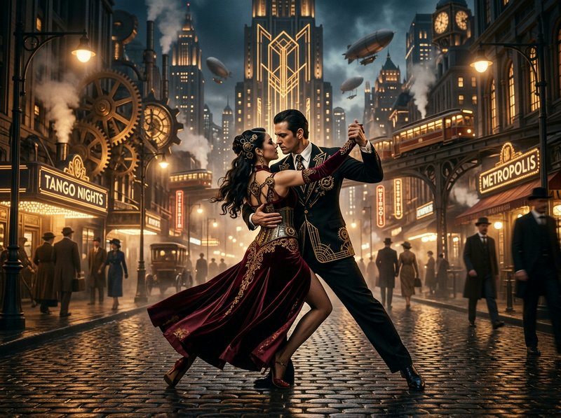 Elegant couple dancing tango in a steampunk city street at night with gears and neon lights.