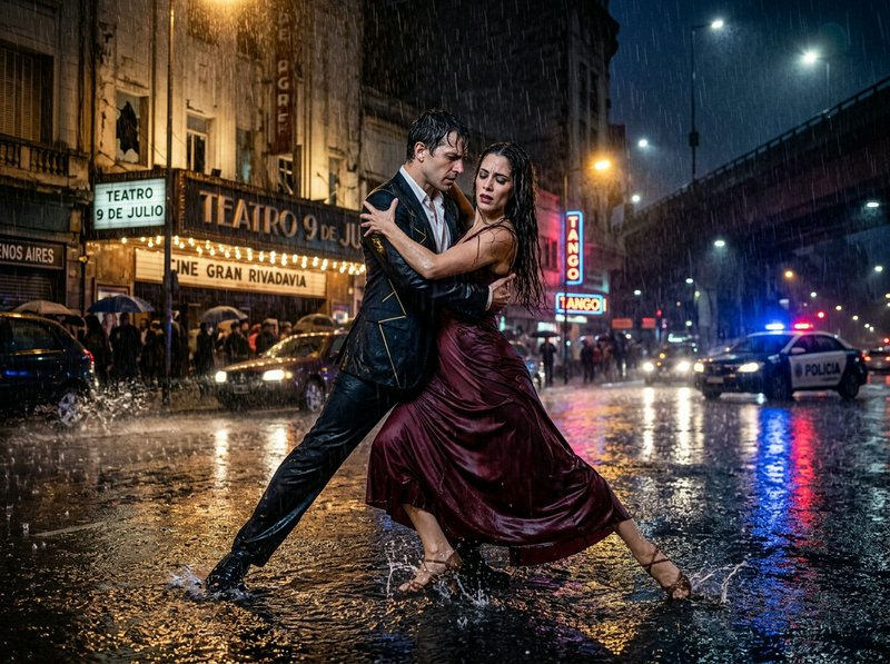 A couple dancing tango in the rain on a neon-lit city street at night.