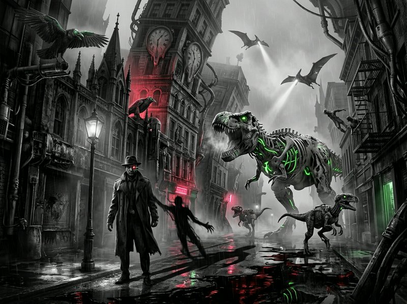 Dark urban alley with neon-green dinosaur creatures and shadowy figures in a rainy, dystopian city.