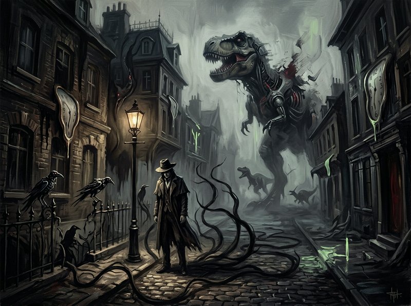 Noir detective on a foggy cobblestone street with twisting tendrils, a giant mechanical dinosaur looming above.