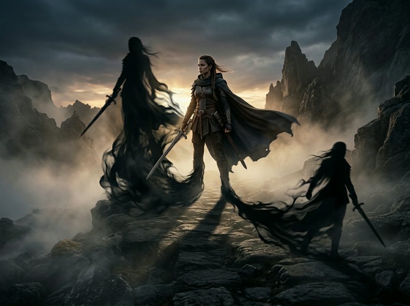 Warrior woman in armor with cape stands on rocky ridge amid mist, flanked by shadowy cloaked figures with swords.