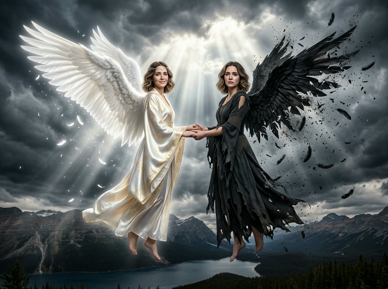 Two winged beings, white angel and dark black-winged figure, holding hands mid-air above mountains.