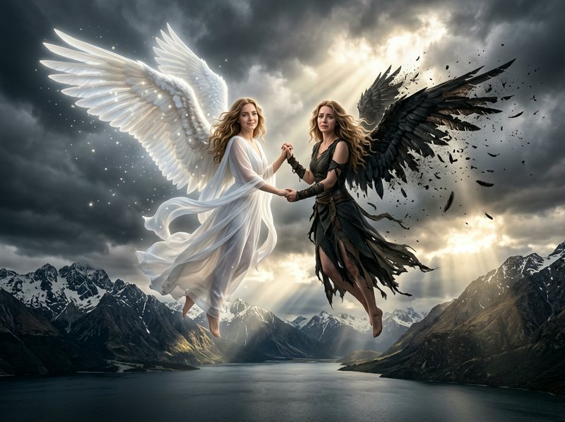Two celestial angels with white and black wings hover above mountains and a lake, holding hands.