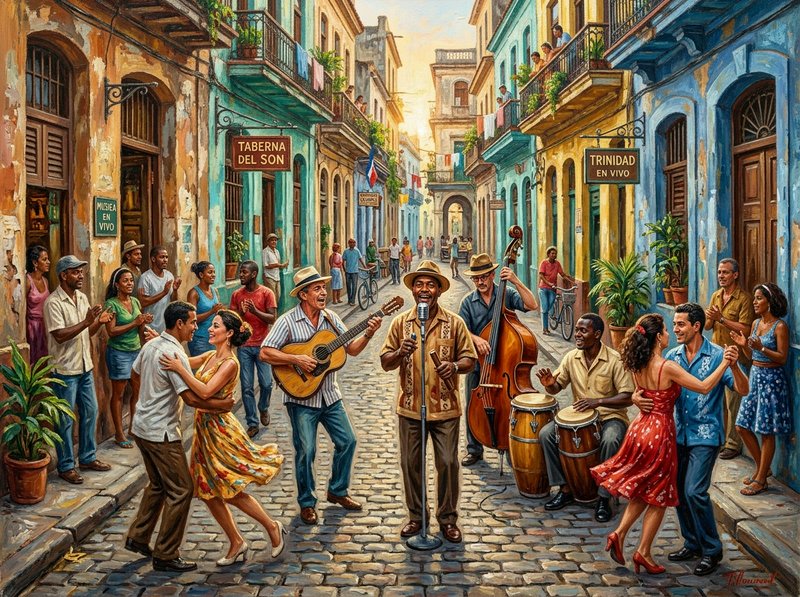 Colorful cobblestone street with live musicians, dancers, and onlookers in a vibrant Caribbean town.