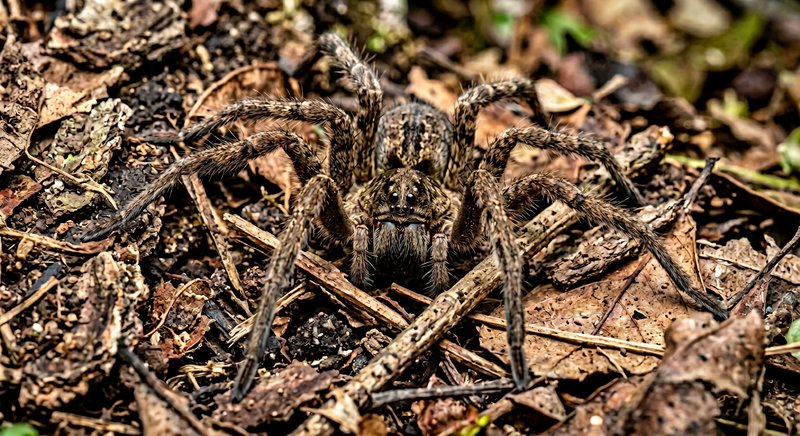 Close-up of a large brown spider with striped legs on a forest floor amid leaves and twigs.