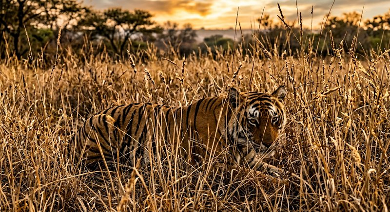 Tiger crouching in tall golden grass at sunset, showing stripes and intense gaze.