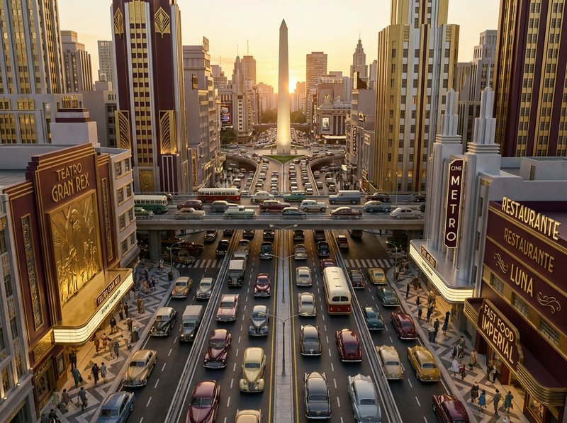 Futuristic cityscape with multi-level highways, busy traffic, and a central obelisk at sunset.