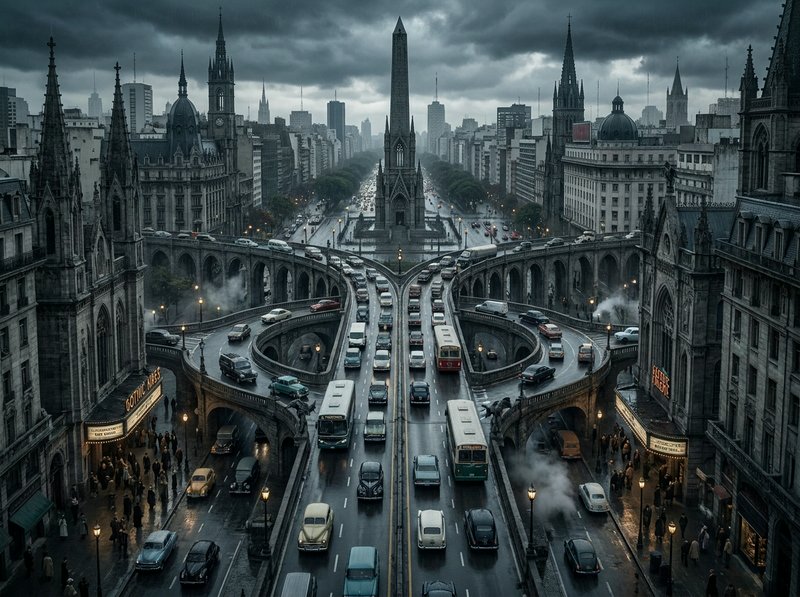 Dramatic cityscape with elevated circular highways and gothic skyscrapers under a stormy sky.