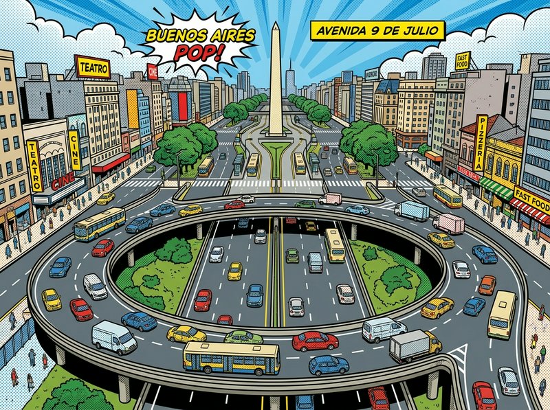 Colorful pop-art cityscape with a circular elevated highway surrounding a central obelisk and busy streets.