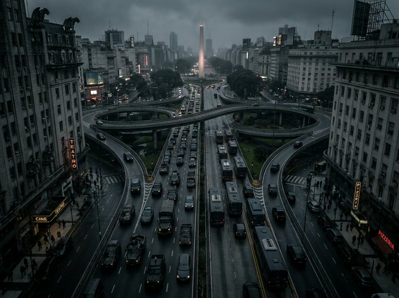 Nighttime cityscape of converging elevated highways with the Obelisk of Buenos Aires in the distance.