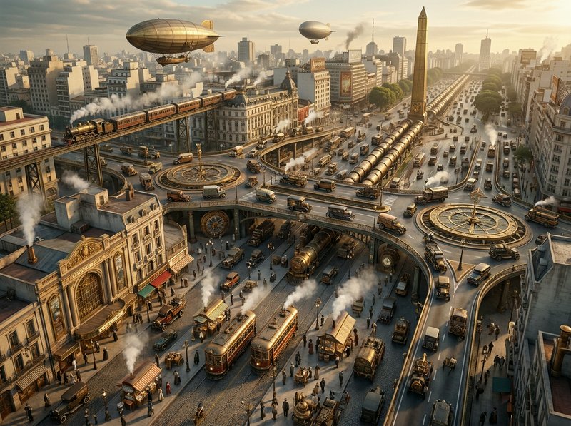 Steampunk cityscape with elevated railways, steam trains, and airships above a bustling multi-layered roadway.